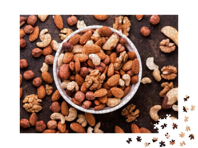 Mixed Nuts on Dark Background. Healthy Food & Snack. Top... Jigsaw Puzzle with 1000 pieces