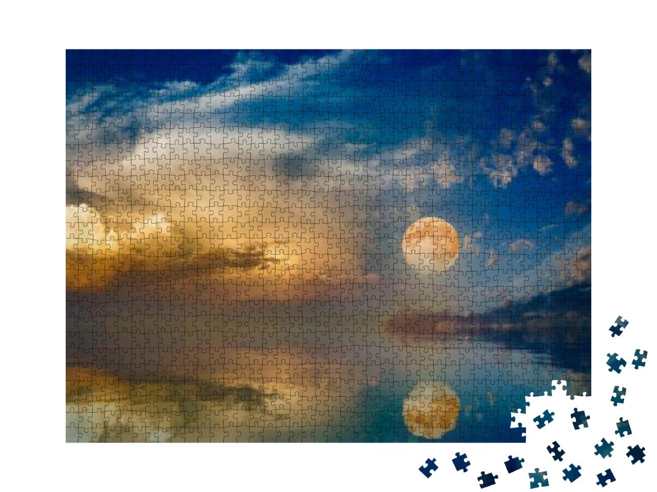 Full Moon Rising Above Serene Sea in Sunset Sky. Elements... Jigsaw Puzzle with 1000 pieces
