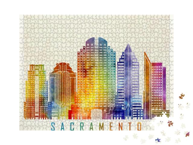 Sacramento Landmarks Watercolor Poster... Jigsaw Puzzle with 1000 pieces