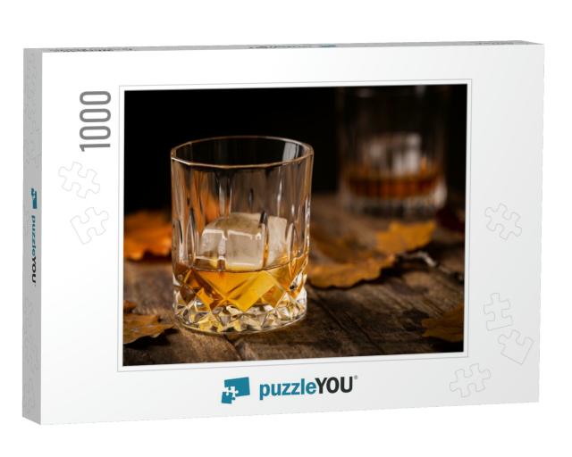 Glass of Scotch Whiskey & Ice on Wooden Background with A... Jigsaw Puzzle with 1000 pieces