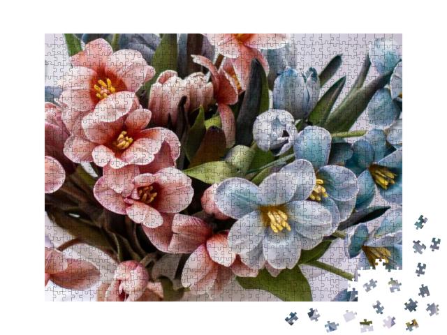 Young Man Holding Delicate Flower Bouquet of Blue & Brown... Jigsaw Puzzle with 1000 pieces