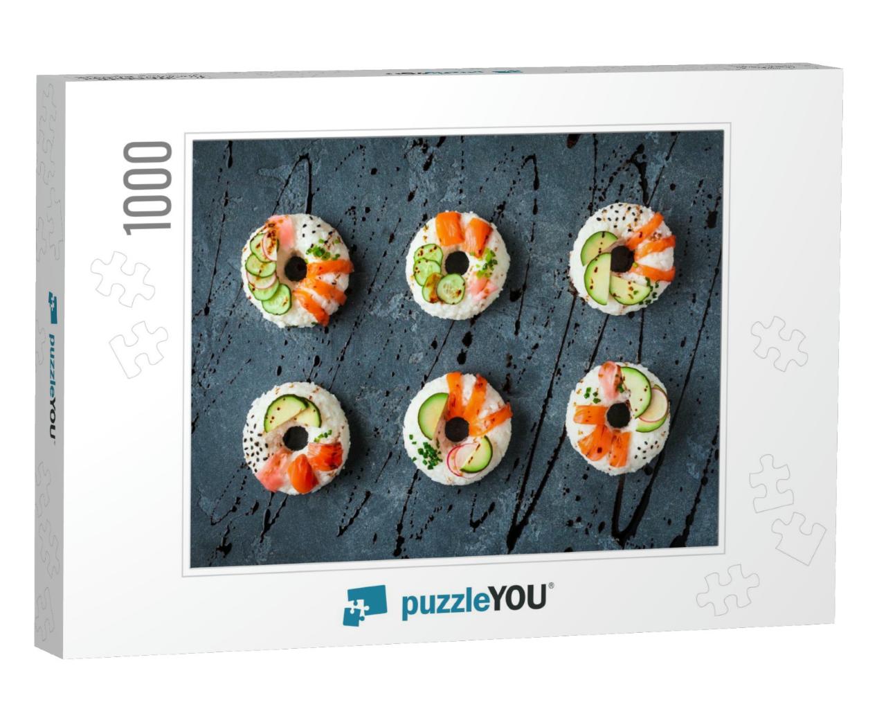 Sushi Donuts Set on Black Background. Sushi Trend. Creati... Jigsaw Puzzle with 1000 pieces