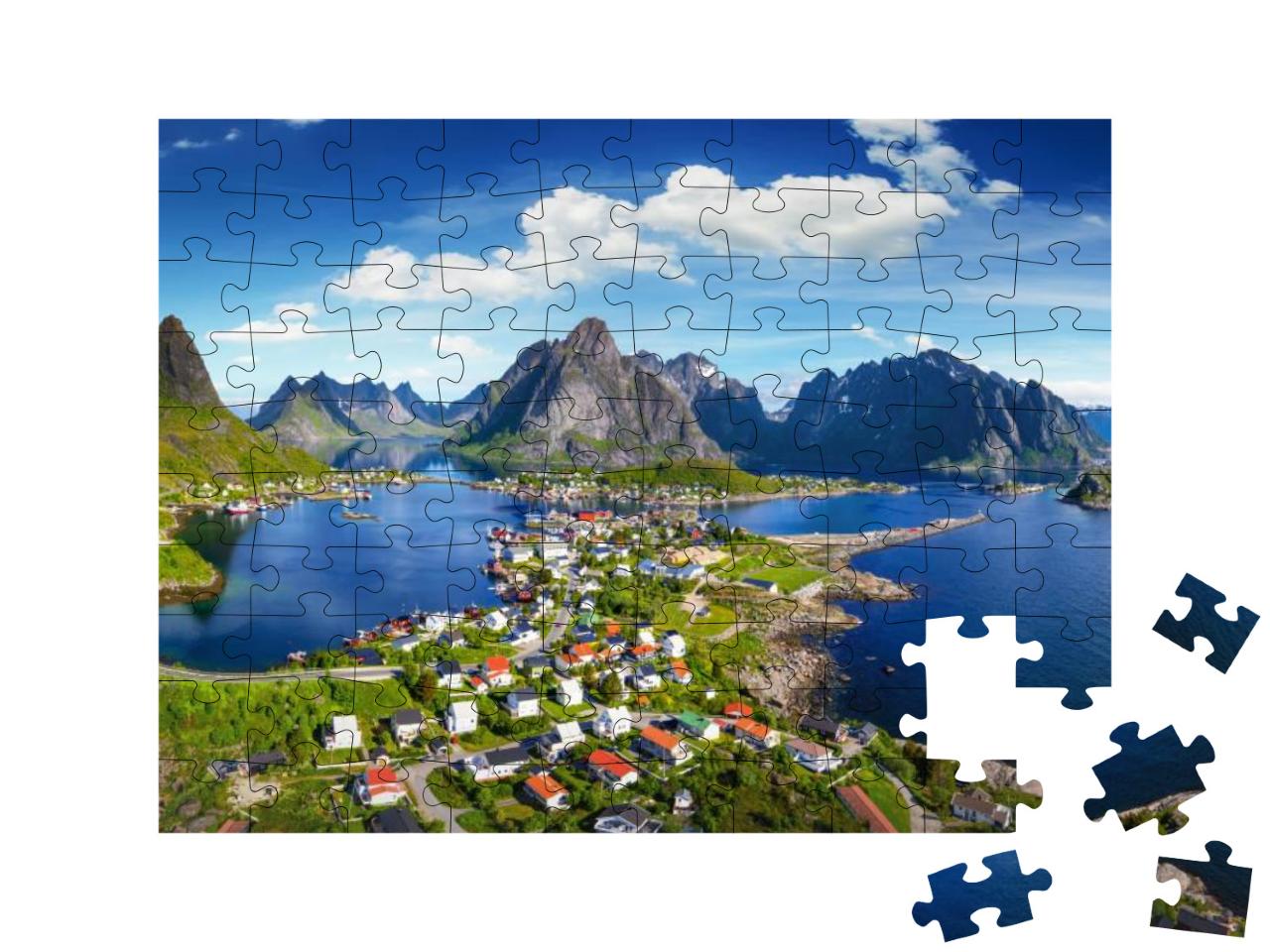 Reine, Lofoten, Norway. the Village of Reine Under a Sunn... Jigsaw Puzzle with 100 pieces