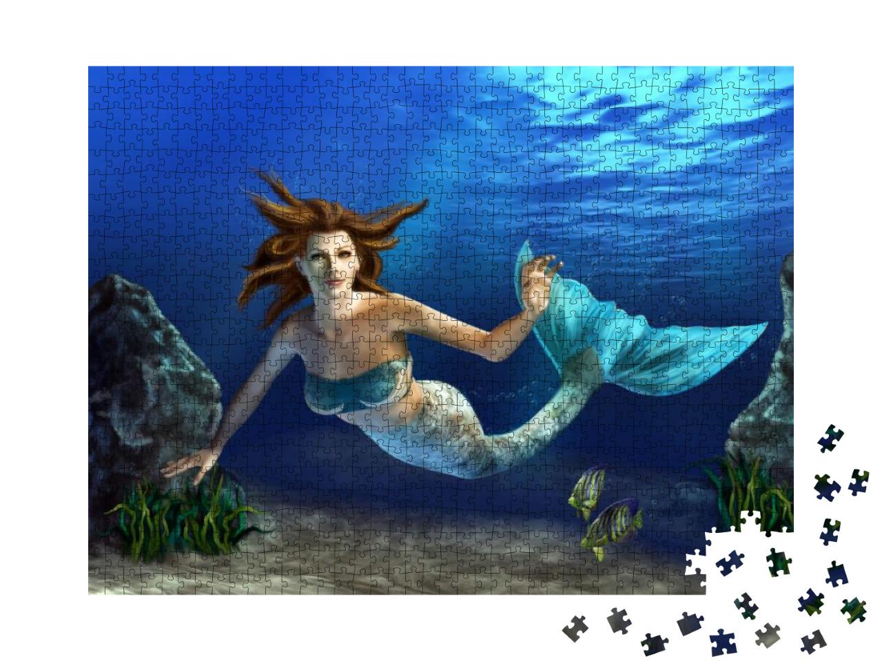 Beautiful Mermaid Swimming in a Blue Sea, Surrounded by R... Jigsaw Puzzle with 1000 pieces