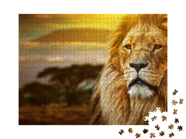 Lion Portrait on Savanna Landscape Background & Mount Kil... Jigsaw Puzzle with 1000 pieces