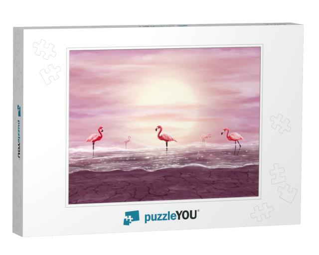 Pink Flamingos in Sparkling Water. Digital Artwork... Jigsaw Puzzle
