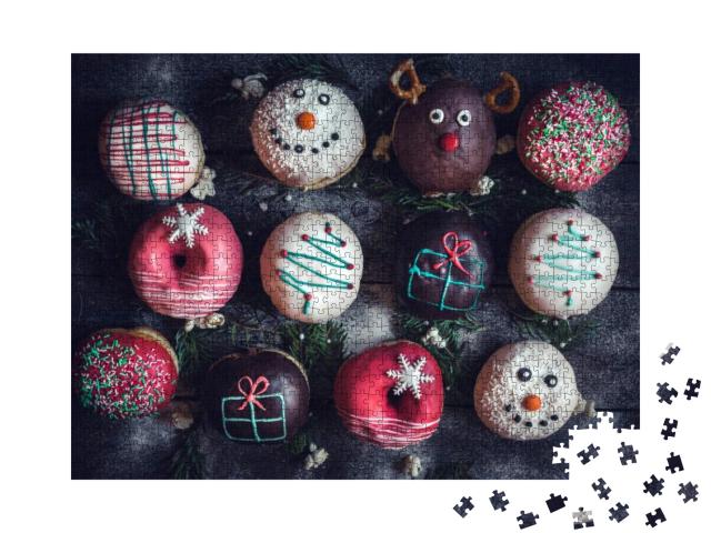 Homemade Christmas Decoration on Donuts Served on Wooden... Jigsaw Puzzle with 1000 pieces