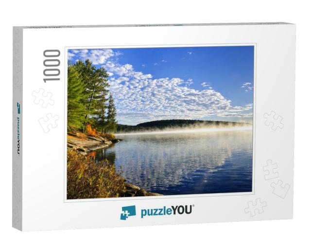 Foggy Lake Shore At Sunrise in Fall, Lake of Two Rivers... Jigsaw Puzzle with 1000 pieces