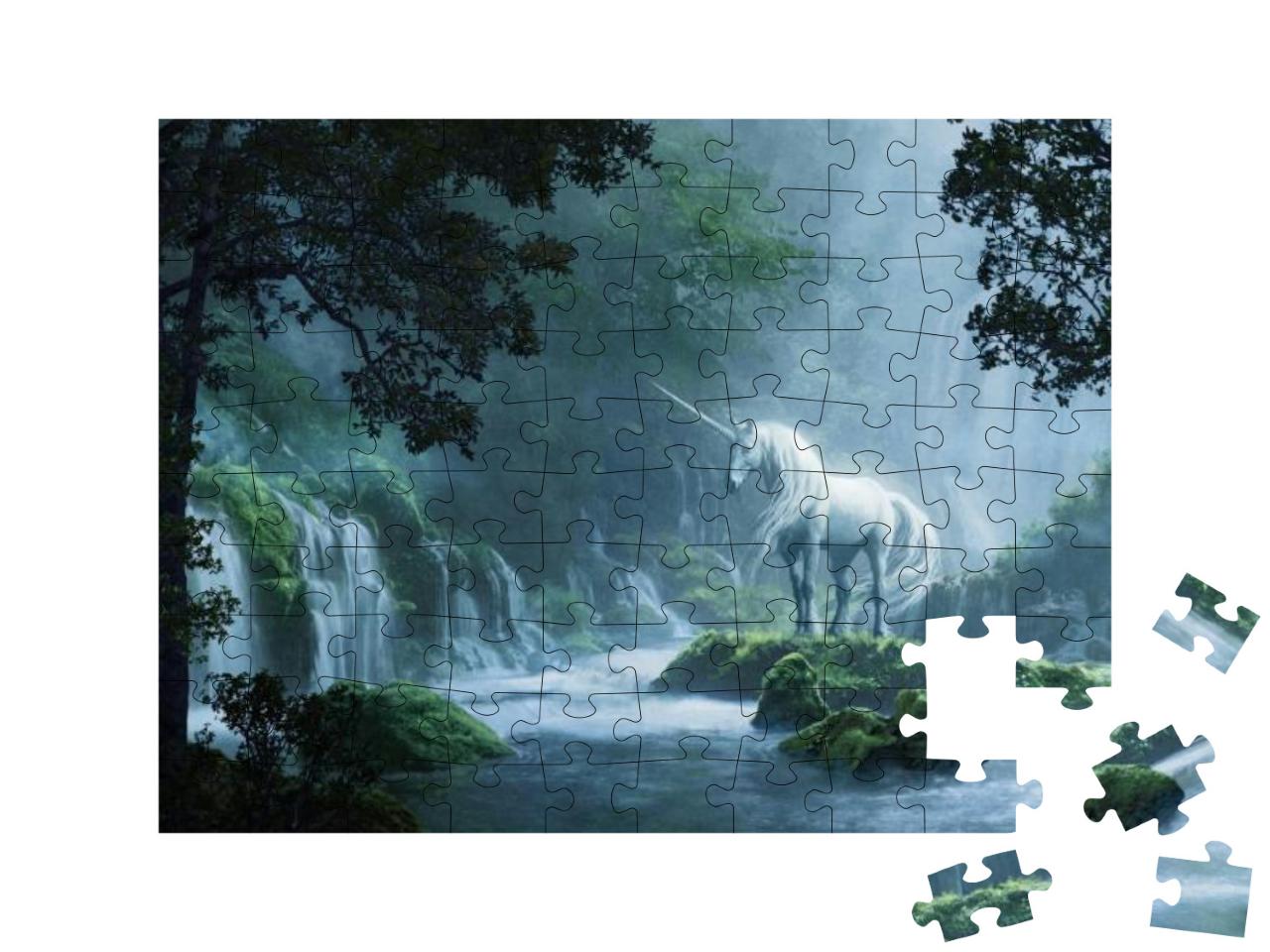 A Beautiful Unicorn in a Magical Forest - Digital Illustr... Jigsaw Puzzle with 100 pieces