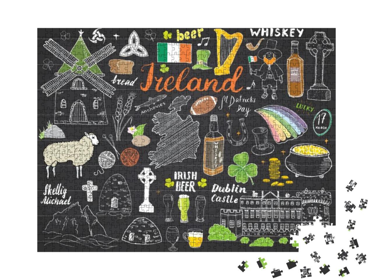 Ireland Sketch Doodles. Hand Drawn Irish Elements Set wit... Jigsaw Puzzle with 1000 pieces