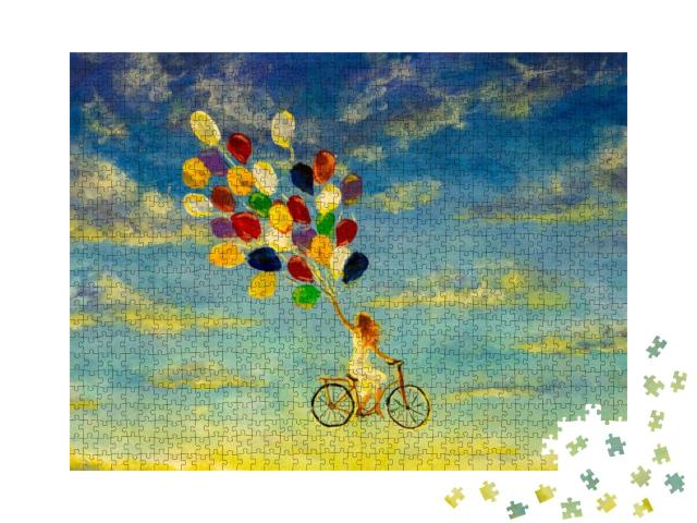 Painting Beautiful Happy Girl in White Dress on Bicycle w... Jigsaw Puzzle with 1000 pieces