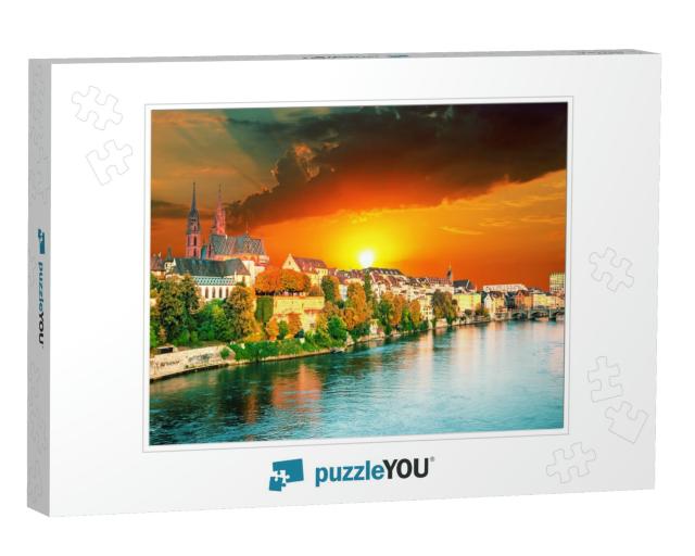 Sunset Over Old Town of Basel & Red Stone Munster Cathedr... Jigsaw Puzzle