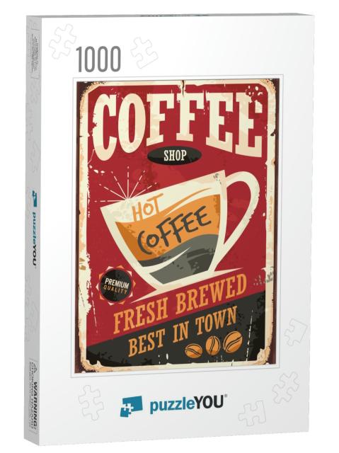Coffee Shop Retro Tin Sign Vector Illustration on Red Bac... Jigsaw Puzzle with 1000 pieces