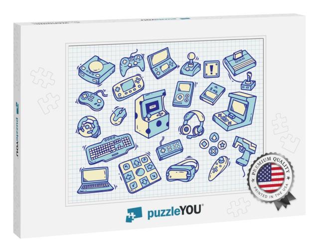 Set of Vintage Video Game Doodle on Paper Background... Jigsaw Puzzle