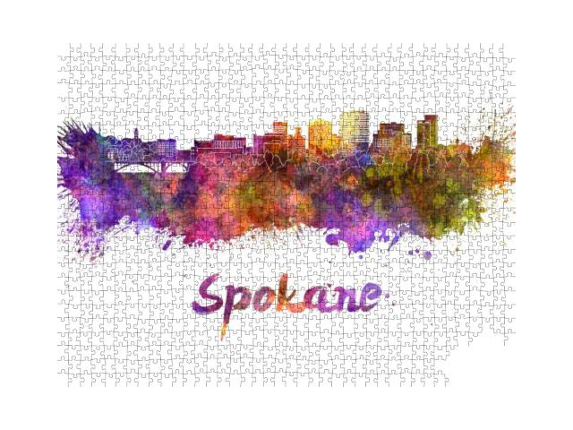 Spokane Skyline in Watercolor Splatters with Clipping Pat... Jigsaw Puzzle with 1000 pieces