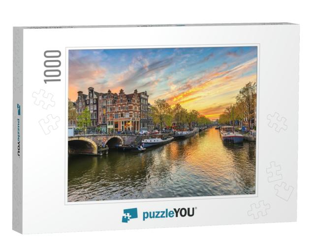 Amsterdam Sunset City Skyline At Canal Waterfront, Amster... Jigsaw Puzzle with 1000 pieces
