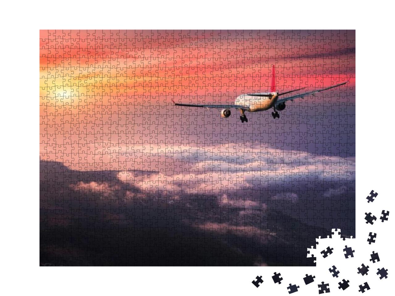 Airplane. Landscape with Big White Passenger Airplane is... Jigsaw Puzzle with 1000 pieces