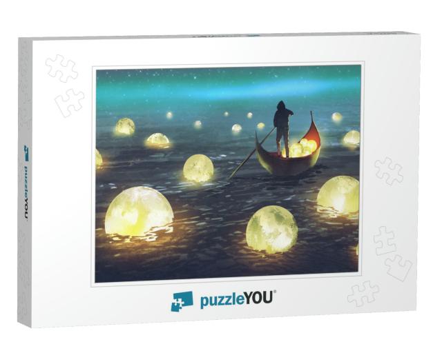 Night Scenery of a Man Rowing a Boat Among Many Glowing M... Jigsaw Puzzle