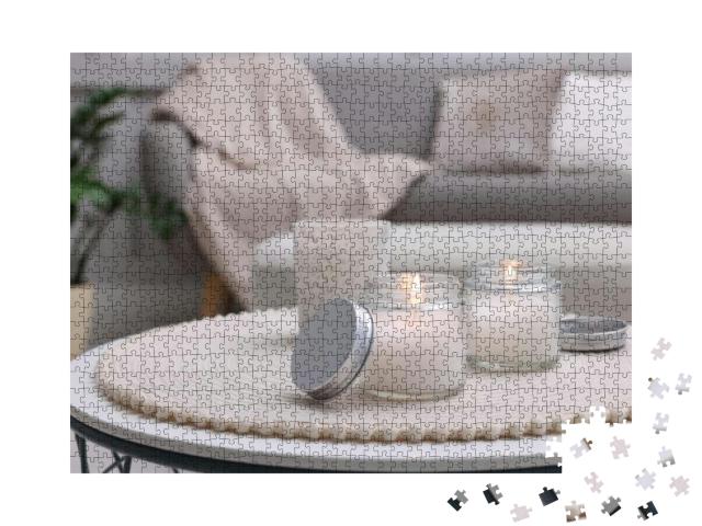 Burning Candles in Jars on White Table Indoors, Space for... Jigsaw Puzzle with 1000 pieces