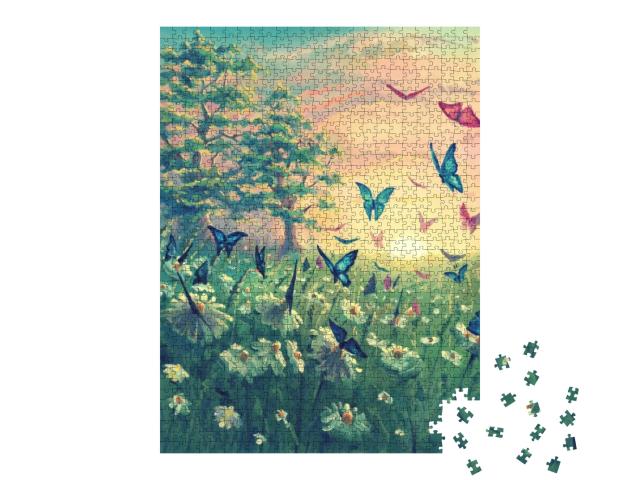 Oil Painting Sunset Landscape on Canvas with Butterflies... Jigsaw Puzzle with 1000 pieces
