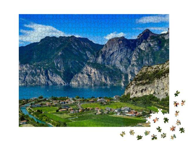 Panorama of the Gorgeous Lake Garda Surrounded by Mountai... Jigsaw Puzzle with 1000 pieces