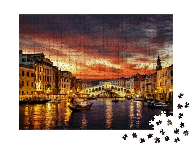 Ponte Rialto & Gondola At Sunset in Venice, Italy... Jigsaw Puzzle with 1000 pieces