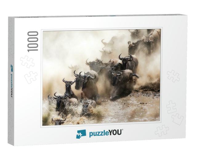 Wildebeest Crossing the Mara River During the Annual Grea... Jigsaw Puzzle with 1000 pieces