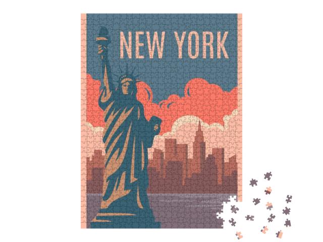 New York Retro Poster. Vintage Style Vector... Jigsaw Puzzle with 1000 pieces