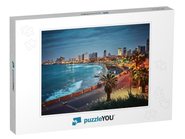 Night View of Tel Aviv, Israel. Vintage Retro Effect... Jigsaw Puzzle