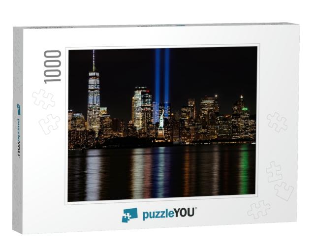 9/11 Memorial Lights with Statue of Liberty Shot from New... Jigsaw Puzzle with 1000 pieces