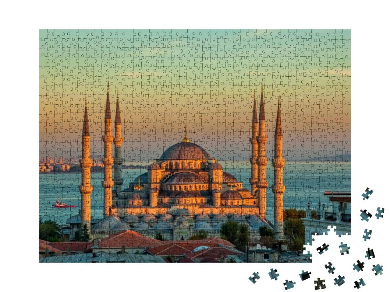 Blue Mosque in Glorious Sunset, Istanbul, Sultanahmet Par... Jigsaw Puzzle with 1000 pieces