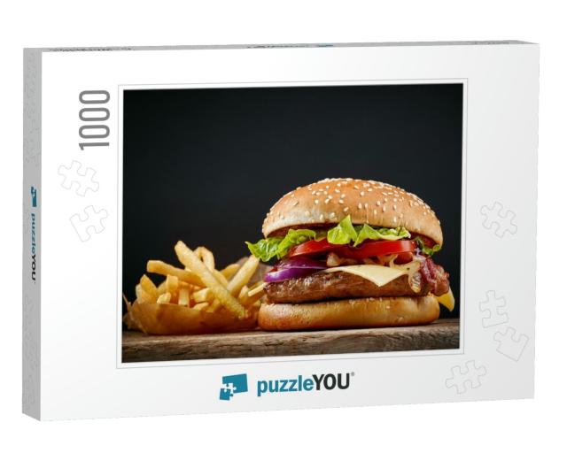 Fresh Tasty Burger & French Fries on Wooden Table... Jigsaw Puzzle with 1000 pieces