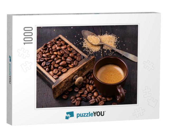 On the Raw & Dark Wooden Table, a Cup of Coffee with a Sp... Jigsaw Puzzle with 1000 pieces