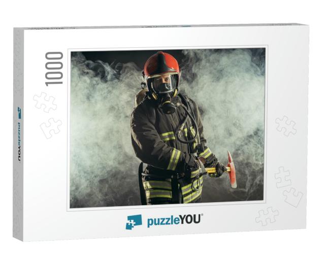 Portrait of Serious & Confident Caucasian Fireman Stand H... Jigsaw Puzzle with 1000 pieces