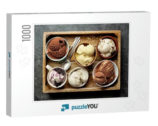 Bowls of Various Ice Creams on Dark Gray Table, Top View... Jigsaw Puzzle with 1000 pieces
