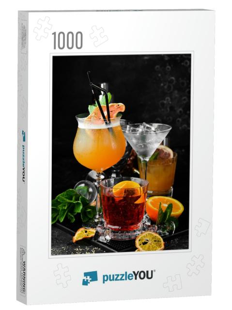 Set of Colored Alcoholic Cocktails on a Black Stone Backg... Jigsaw Puzzle with 1000 pieces