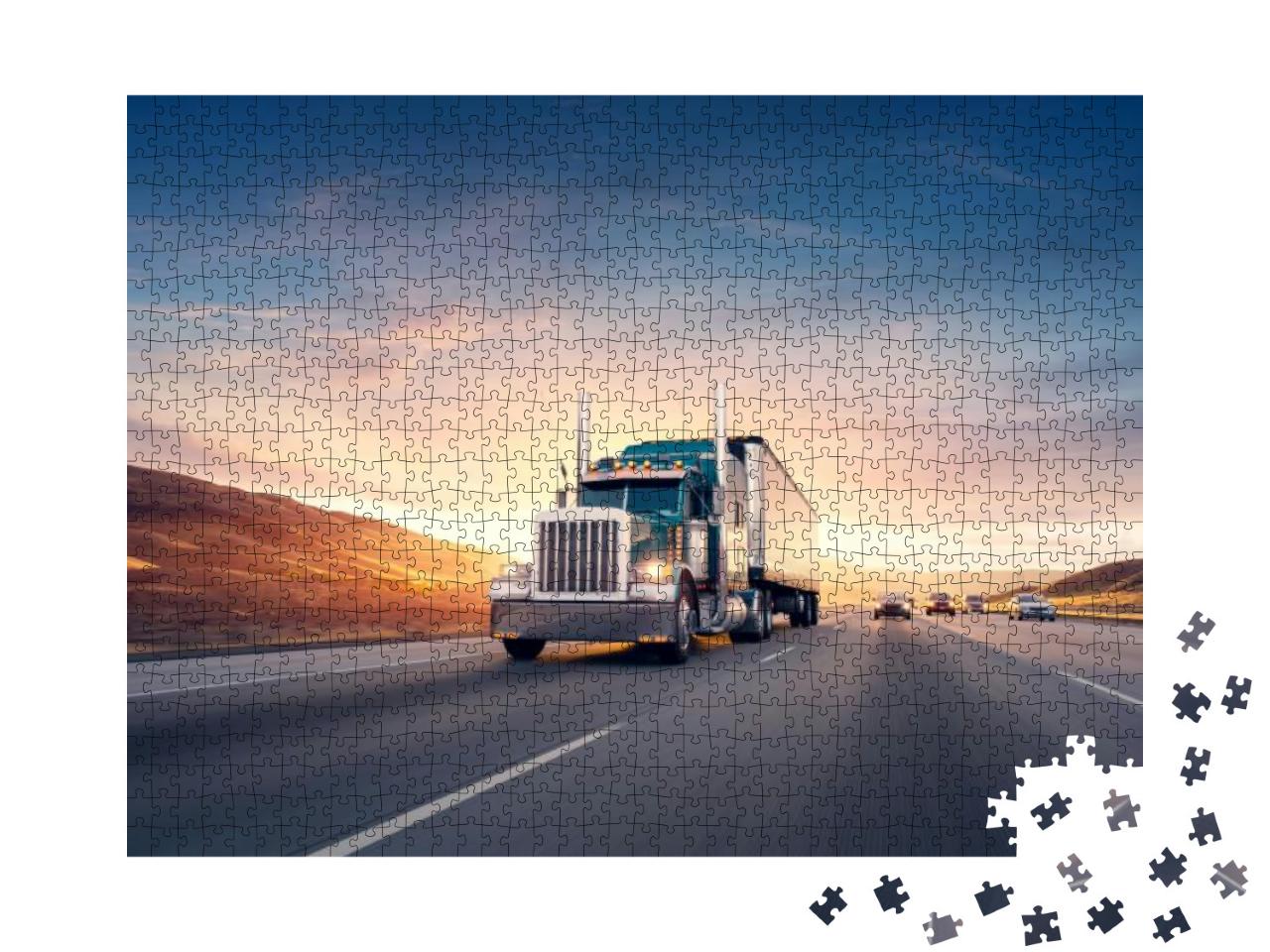 American Style Truck on Freeway Pulling Load. Transportat... Jigsaw Puzzle with 1000 pieces