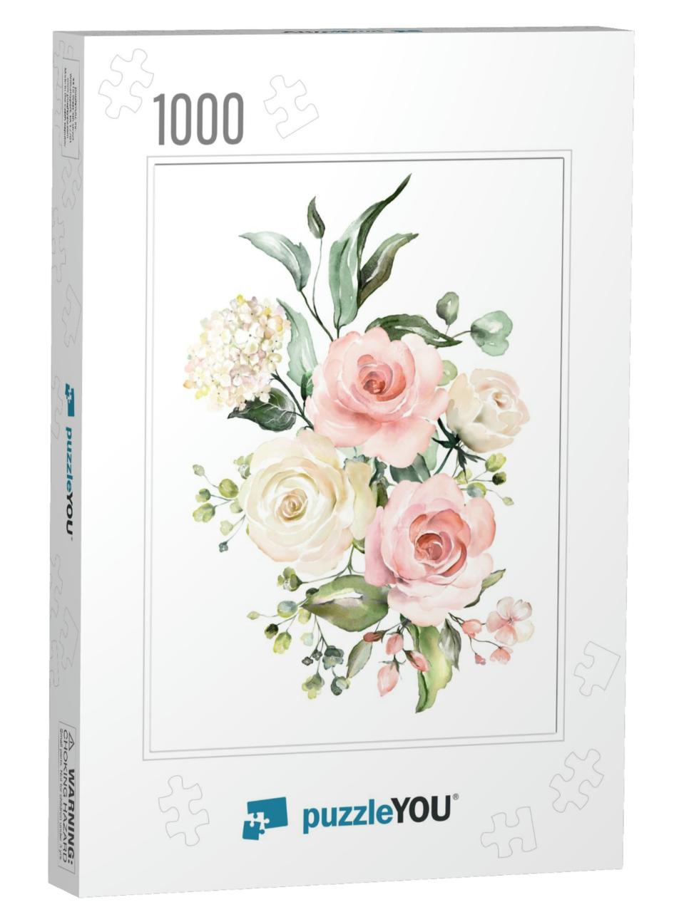 Watercolor Flowers. Floral Illustration, Leaf & Buds. Bot... Jigsaw Puzzle with 1000 pieces