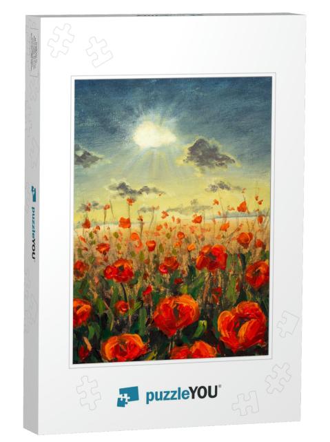 Field of Red Poppies Flowers Impressionism Modern Oil Pai... Jigsaw Puzzle