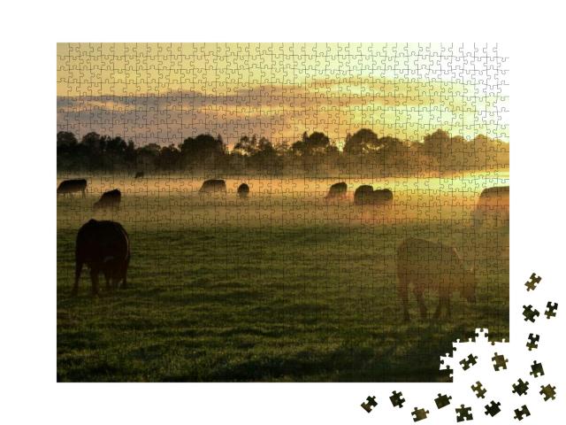 Rural Landscape with Herd of Cows in Morning Fog At Sunri... Jigsaw Puzzle with 1000 pieces