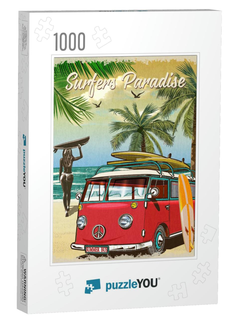 Surf Poster with Retro Bus & Girl Carrying Surfboard... Jigsaw Puzzle with 1000 pieces