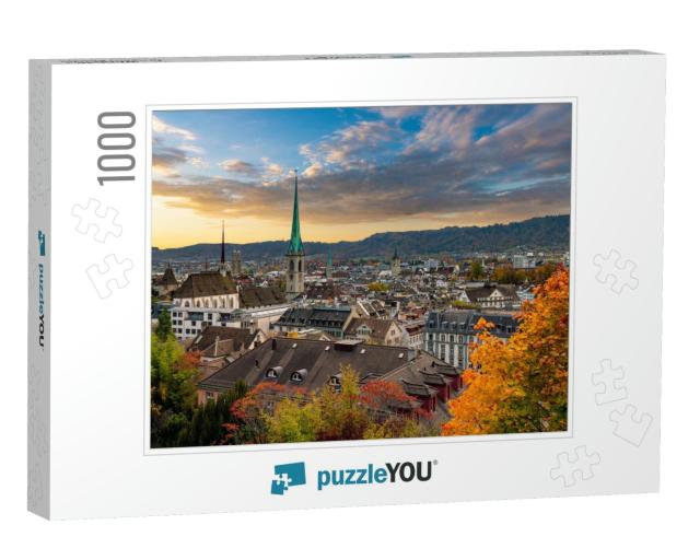 Beautiful Sunset Over Zurich in Autumn with Fraumuenster... Jigsaw Puzzle with 1000 pieces