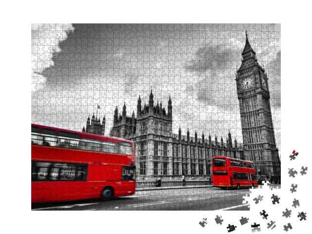 London, the Uk. Red Buses in Motion & Big Ben, the Palace... Jigsaw Puzzle with 1000 pieces