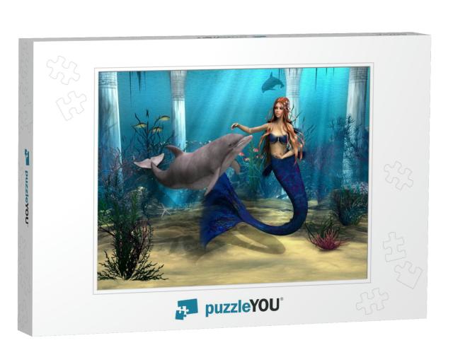 3D Digital Render of a Cute Mermaid & Dolphin on Blue Fan... Jigsaw Puzzle