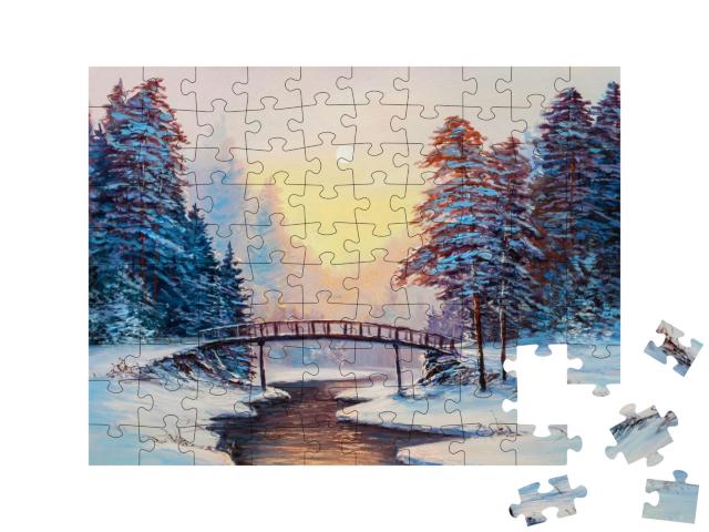 Winter Landscape with the River. Original Oil Painting... Jigsaw Puzzle with 100 pieces