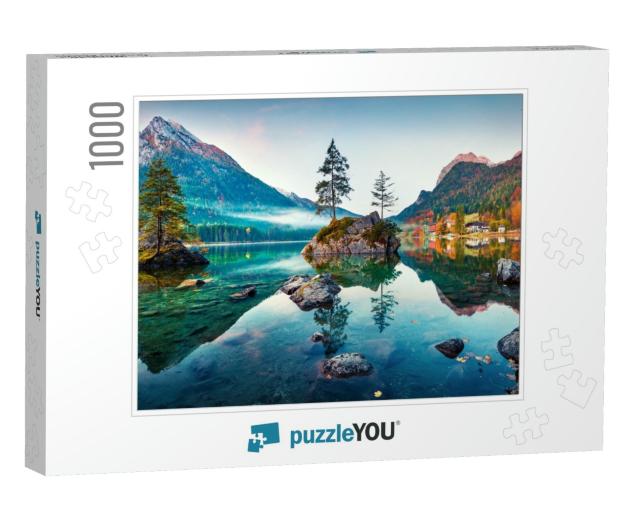 Beautiful Autumn Scene of Hintersee Lake. Colorful Mornin... Jigsaw Puzzle with 1000 pieces