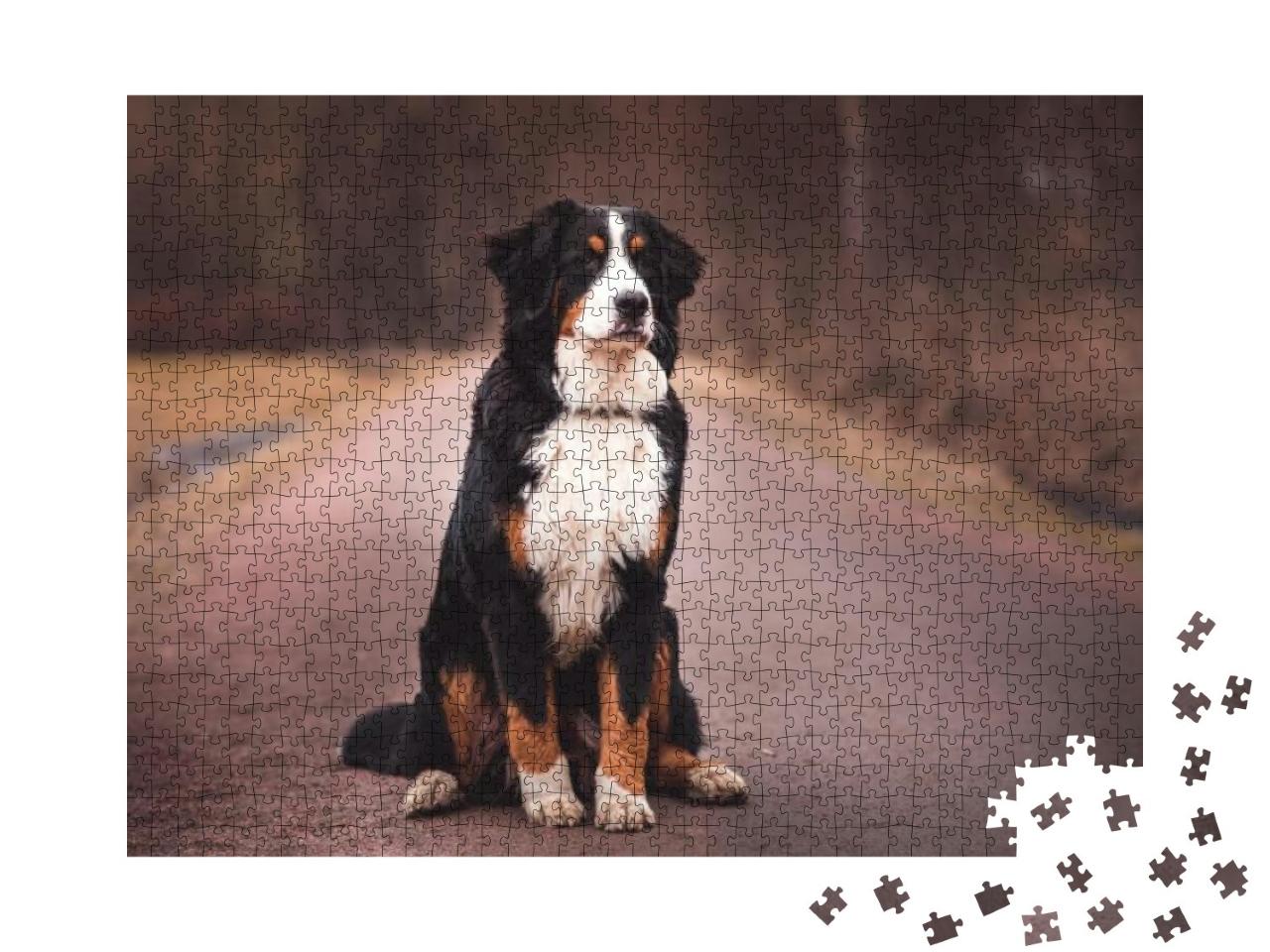 Bernese Mountain Dog Sitting on the Road... Jigsaw Puzzle with 1000 pieces