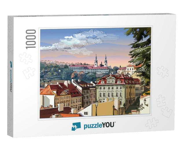 Colorful Vector Hand Drawing Illustration of Panoramic Ci... Jigsaw Puzzle with 1000 pieces