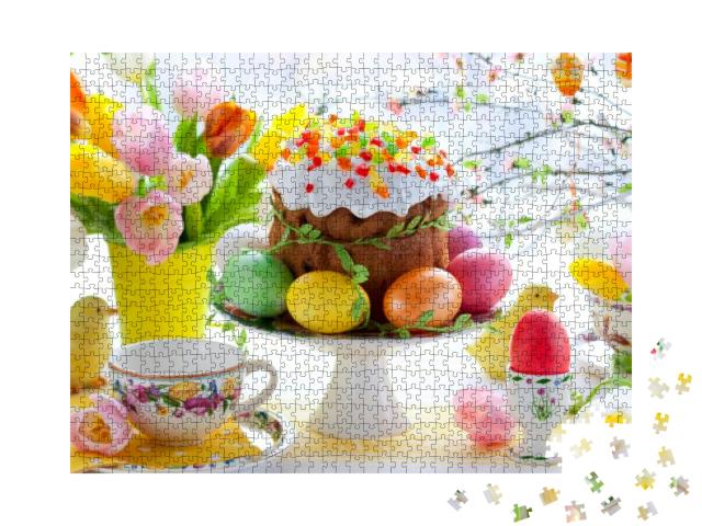 Easter Cake & Colorful Eggs on Festive Easter Table... Jigsaw Puzzle with 1000 pieces