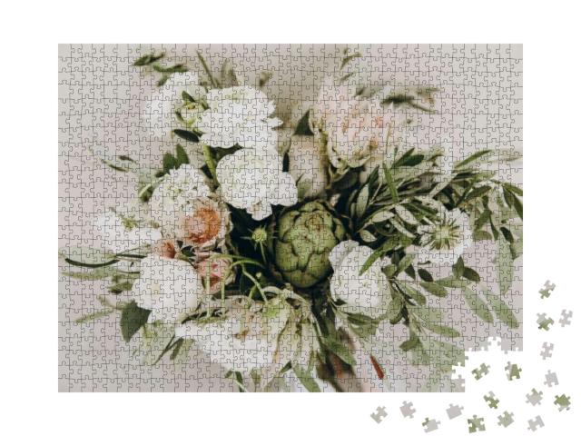 Wedding Bouquet of Flowers & Greenery with White Ribbon... Jigsaw Puzzle with 1000 pieces